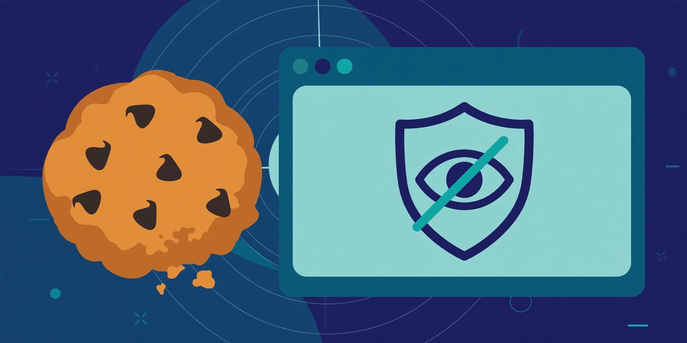 Privacy compliance illustration — cookie beside a browser window with a shield