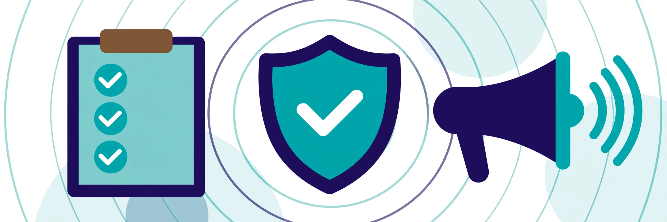 Google Ads compliance illustration — checklist, shield, and megaphone