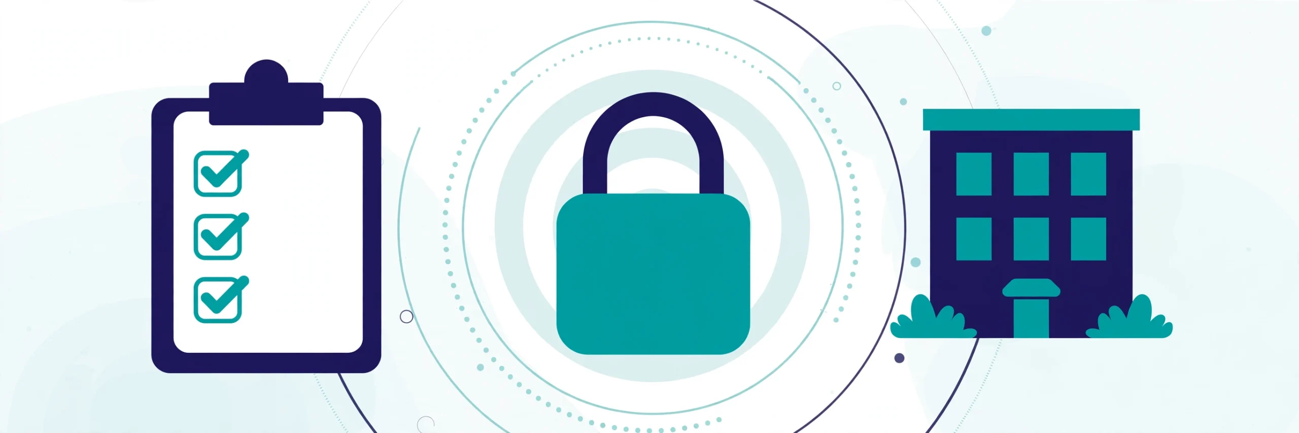 Microsoft 365 security checklist illustration — clipboard, padlock, and office building