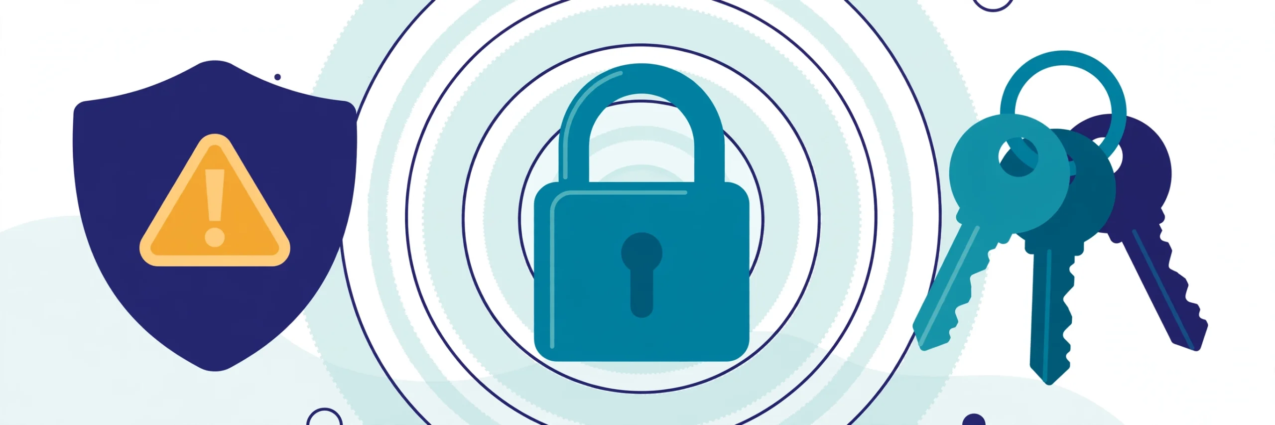 Microsoft 365 security mistakes illustration — shield with warning sign, padlock, and keys