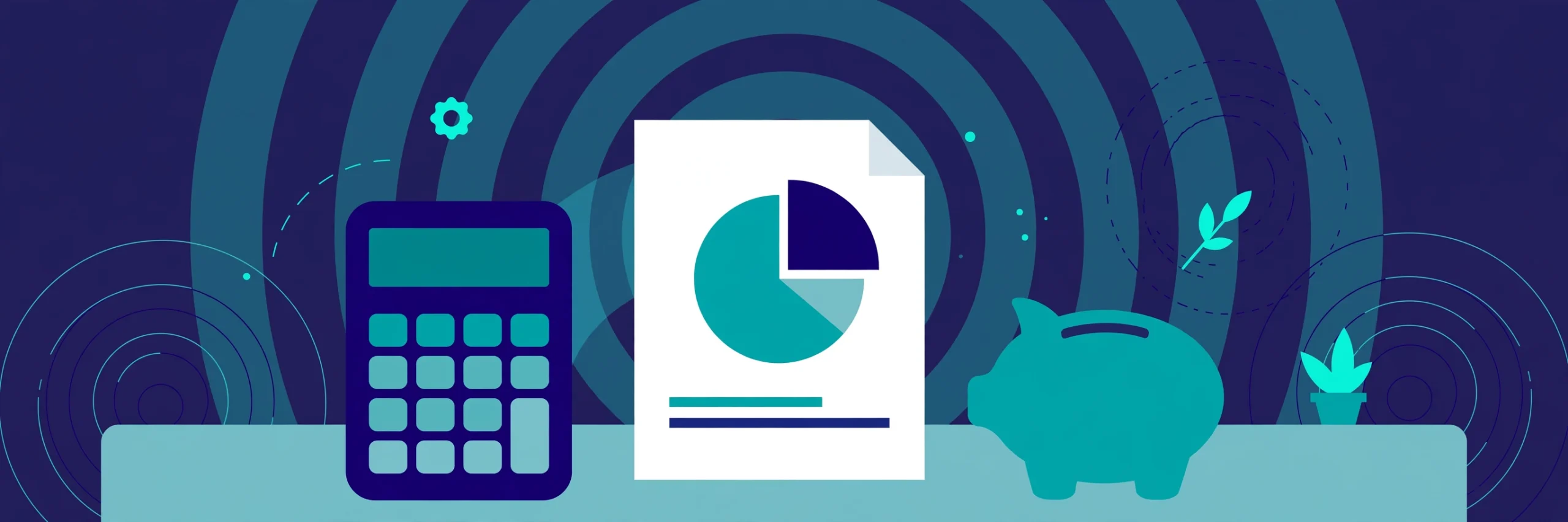 Technology budget planning illustration — calculator, chart, and piggy bank
