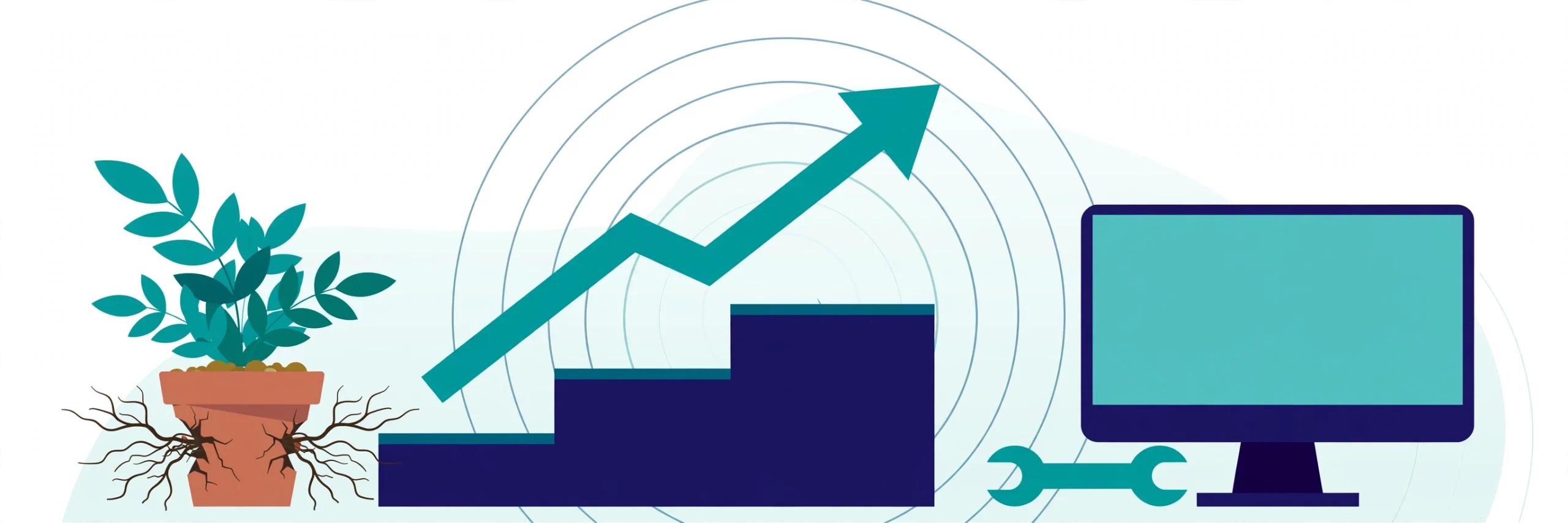 Growing organization illustration — plant outgrowing its pot beside rising steps