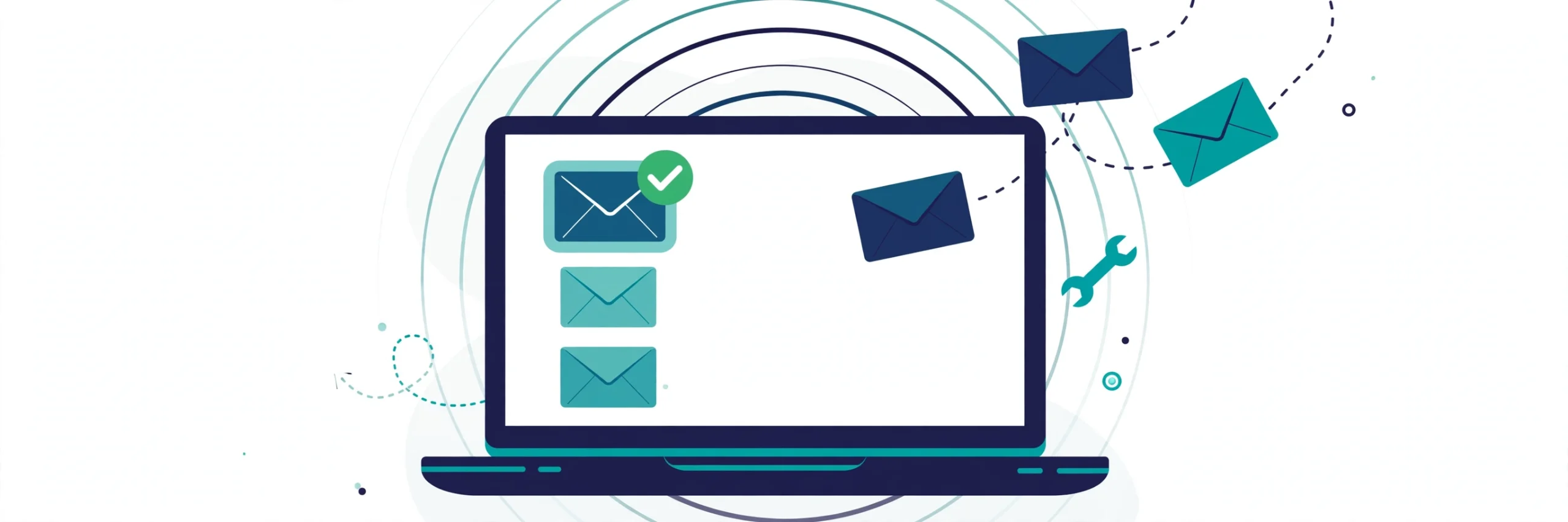 Outlook email troubleshooting illustration — laptop with email envelopes and a checkmark