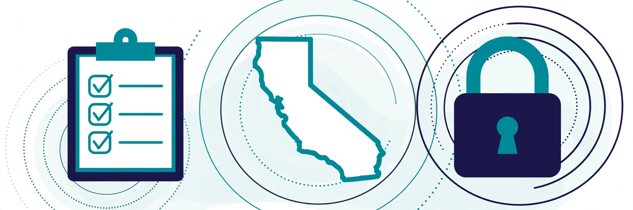 California privacy compliance illustration — checklist, California outline, and padlock